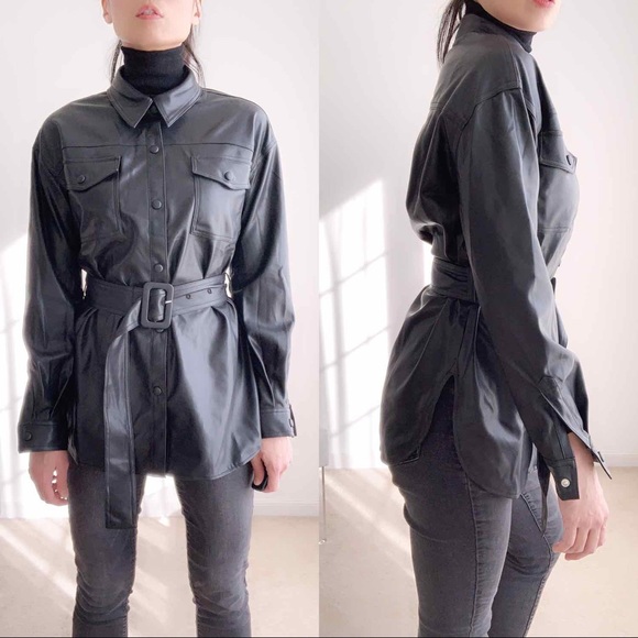 FAUX LEATHER BELTED SHACKET - BLACK - Picture 7 of 9